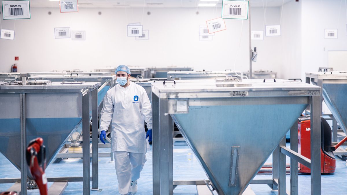 An employee inspects protein formula manufacture on the production line at the BioTech USA Kft. plant in Szada, Hungary, on Wednesday, Jan. 24, 2024. BioTech USA is one of Europe's largest manufacturers of food supplements. Photographer: Akos Stiller/Bloomberg via Getty Images