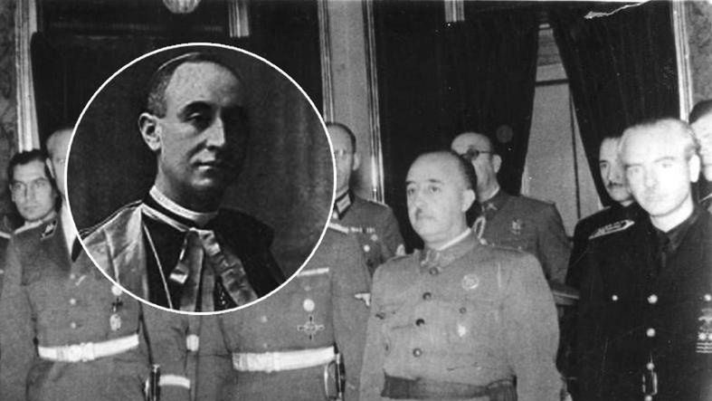 Biskup Fidel García Martínez (w kółku) sprzeciwił się generałowi Franco (na zdjęciu z Himmlerem) i polecił ogłoszenie papieskiej encykliki potępiającej faszyzm i komunizm
