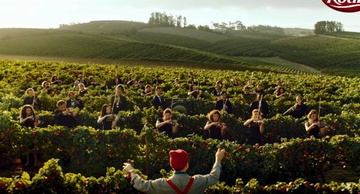 Orkiestra na polu pomidorów w reklamie ketchupu Kotlin