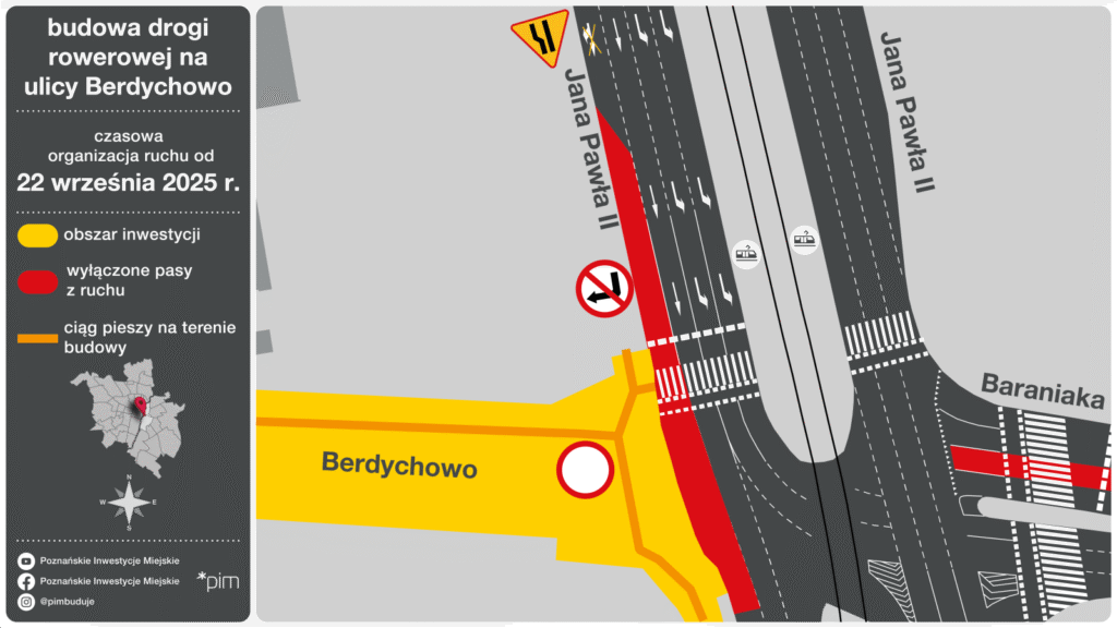 Poznań: Tymczasowe zwężenie pasa. Końcówka prac przy nowej drodze rowerowej na Berdychowie