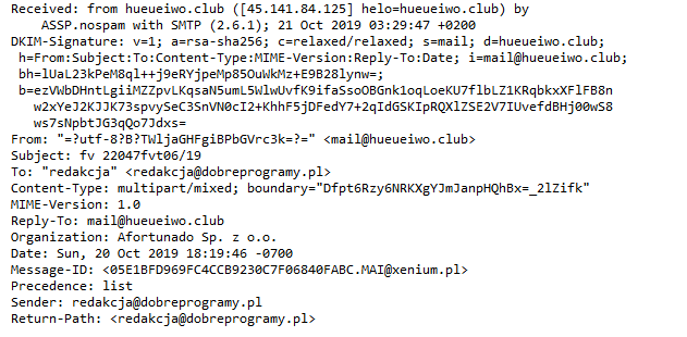Nagłówek maila z wirusem (fot. Kamil Dudek)