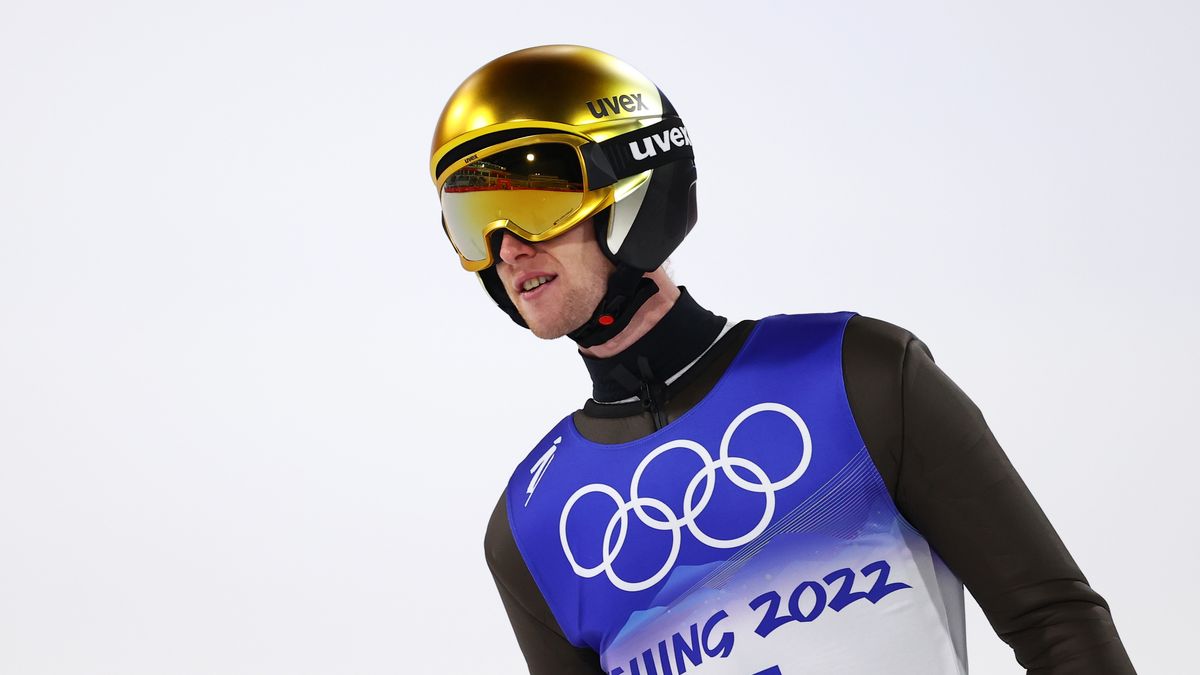 ZHANGJIAKOU, CHINA - FEBRUARY 07: Evgeniy Klimov of Team ROC celebrates after jumping in Mixed Team Ski Jumping Final Round at National Ski Jumping Centre on February 07, 2022 in Zhangjiakou, China (Photo by Cameron Spencer/Getty Images)