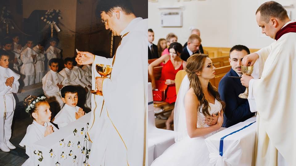 Maciej Rafalski odtworzył zdjęcie pary młodej, która spotkała się podczas… pierwszej komunii 1