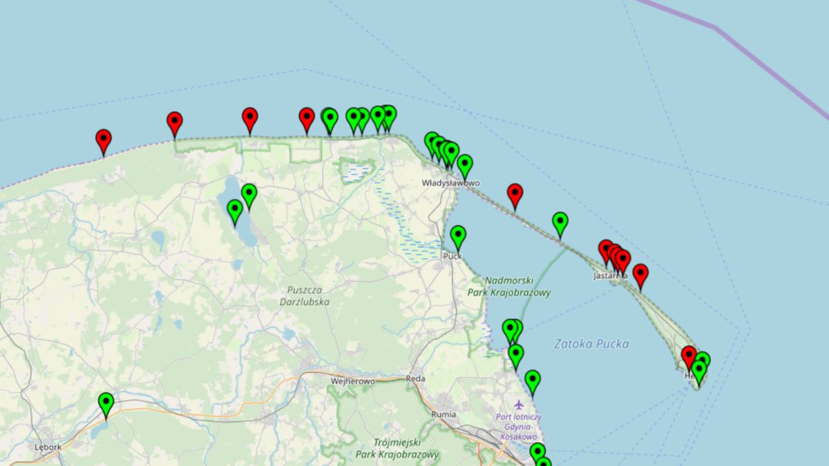 Na czerwono zaznaczono zamknięte kąpieliska