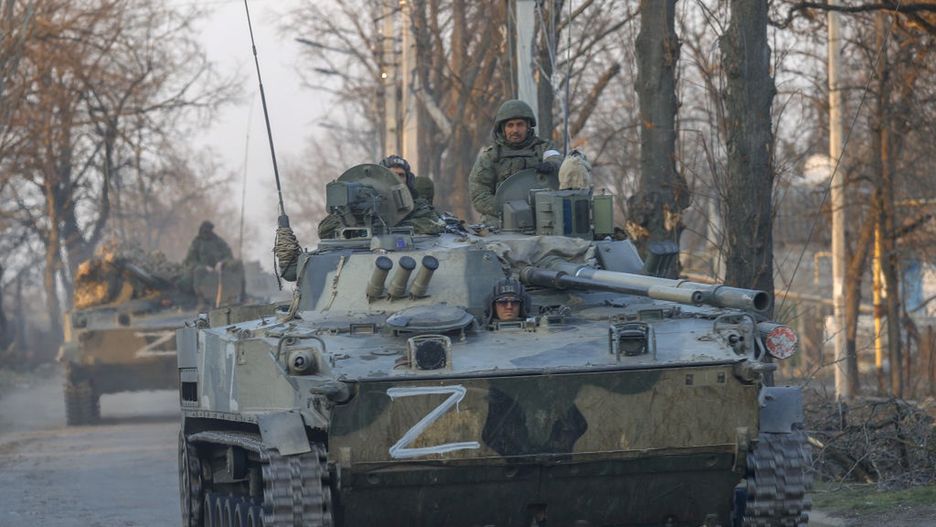 Volnovakha, which fell under the control of RussiaVOLNOVAKHA, UKRAINE - MARCH 26: Russian soldiers are seen on a tank in Volnovakha district in the pro-Russian separatists-controlled Donetsk, in Ukraine on March 26, 2022. Volnovaha, one of the 18 regions of Donetsk in eastern Ukraine, has been under the control of the Russian Armed Forces and the pro-Russian separatist in Donetsk since March 11. (Photo by Sefa Karacan/Anadolu Agency via Getty Images)Anadolu Agencydamage, march