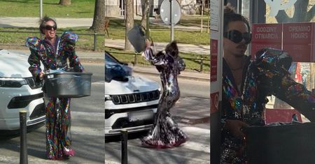TYLKO NA PUDELKU: Michał Szpak w błyszczącym kombinezonie NIESIE KOSZ Z PRANIEM. Fajna stylizacja na co dzień? (ZDJĘCIA)