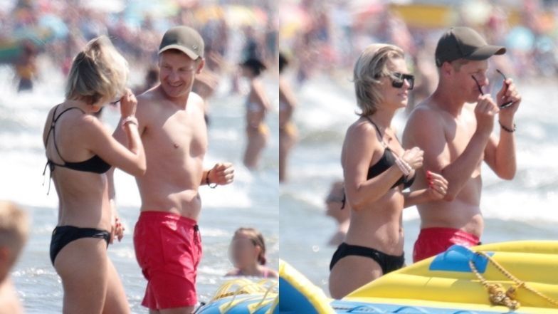 Marcin Mroczek wymienia czułości z żoną na sopockiej plaży
