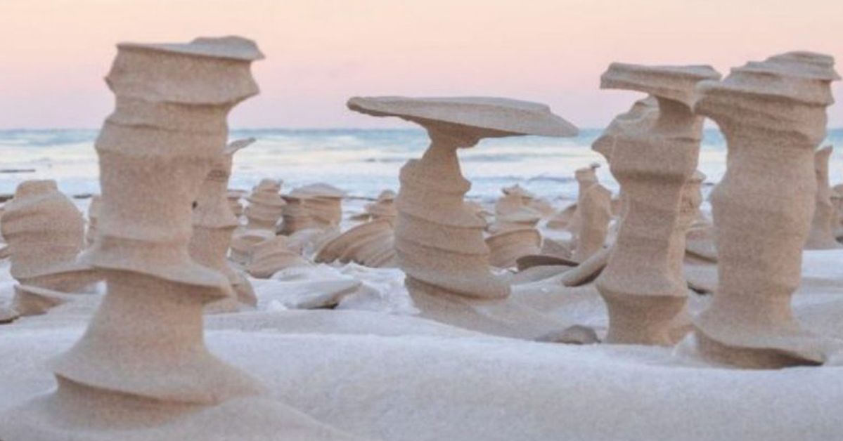 Strong Wind Turned Frozen Sand Into Wonderful Columns. They Look Extraterrestrial!