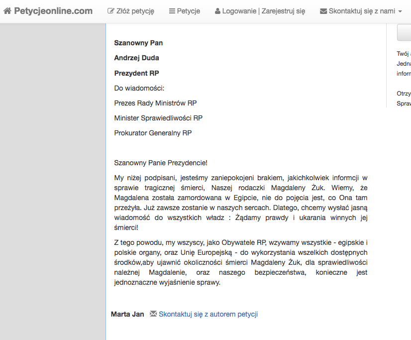Petycja w sprawie śmierci Magdaleny Żuk