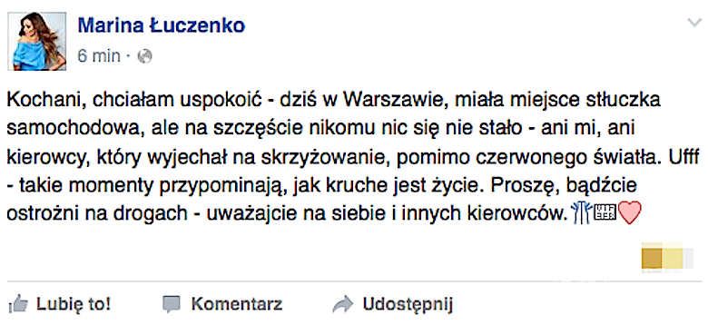 Marina Łuczenko tłumaczy się z wypadku samochodowego