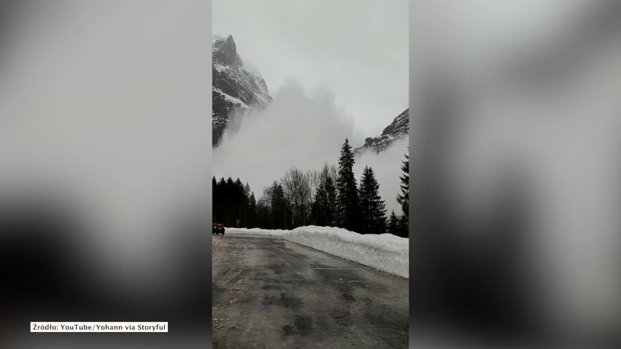 Lawina pędziła prosto na samochodowy parking. Niesamowite ujęcia ze szwajcarskich Alp