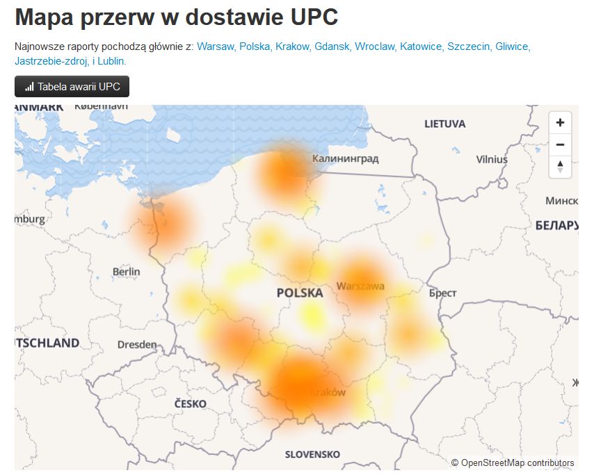 Mapa przerw w dostawie internetu UPC 