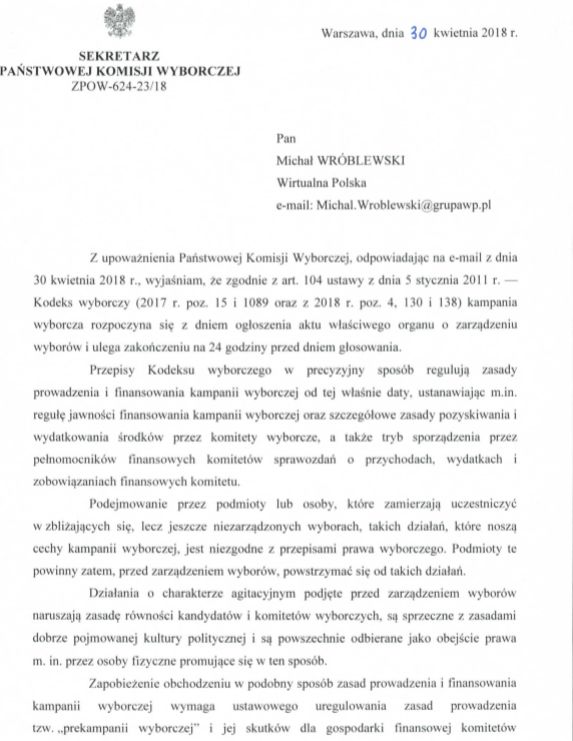 Pismo z Państwowej Komisji Wyborczej 