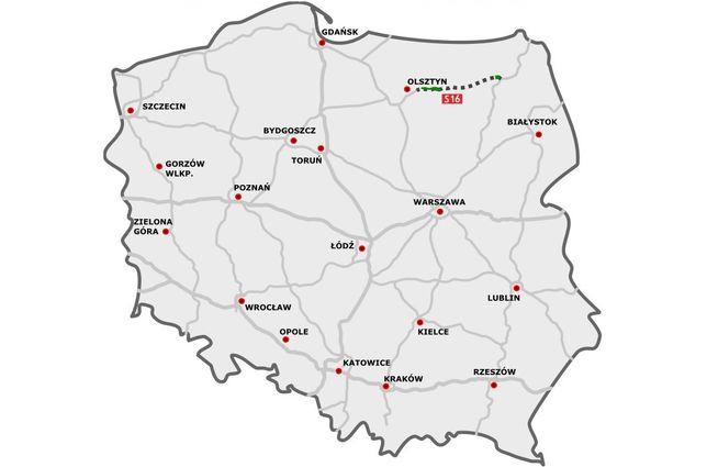 Droga S16 będzie znajdować się zarówno na terenie województwa podlaskiego, jak i warmińsko-mazurskiego