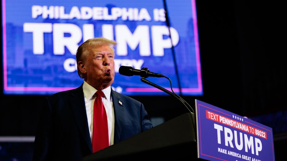 Former US President Donald Trump speaks during a campaign event at the Liacouras Center at Temple University in Philadelphia, Pennsylvania, US, on Saturday, June 22, 2024. Trump's fundraising surge, which threatens to overwhelm President Joe Biden's carefully stockpiled cash advantage, was powered largely by an explosion of online donations immediately following his felony convictions. Photographer: Hannah Beier/Bloomberg via Getty Images