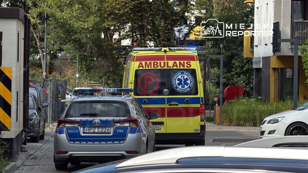 Karetka pogotowia z włączonymi sygnałami świetlnymi stoi na wąskiej ulicy obok radiowozu policji.