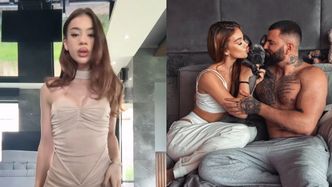 Dziewczyna Wojtka Goli eksponuje zoperowany biust w sukni z dekoltem