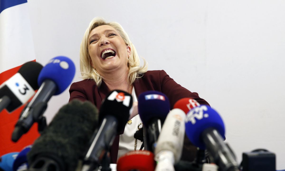 VERNON, FRANCE - APRIL 12: France's far-right party Rassemblement National (RN) candidate for the 2022 French presidential election Marine Le Pen speaks to the media during a press conference about democracy and the exercise of power on April 12, 2022 in Vernon, France. French President Emmanuel Macron candidate for re-election, obtained 27.6% of the vote and Marine Le Pen obtained 23.4% of the vote in the first round of the presidential election. Emmanuel Macron and Marine Le Pen were both qualified on sunday April 10th for France Presidential Election second round to be held on April 24. This is the third bid at president for Marine Le Pen, who placed third in the 2012 campaign and was defeated in the 2017 runoff by current President Emmanuel Macron.  (Photo by Chesnot/Getty Images)