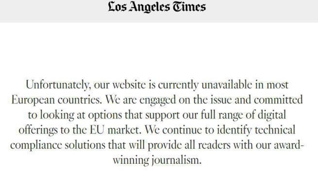 Po wejściu RODO strony amerykańskich mediów niedostępne dla Europejczyków, blokady na „LA Times” i „Chicago Tribune”