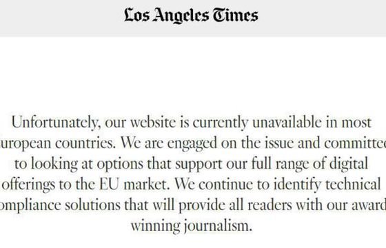 Po wejściu RODO strony amerykańskich mediów niedostępne dla Europejczyków, blokady na „LA Times” i „Chicago Tribune”