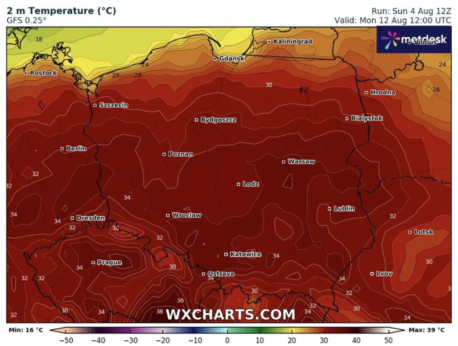 Na zdjęciu: prognozowana temperatura 12 sierpnia o godz. 12.