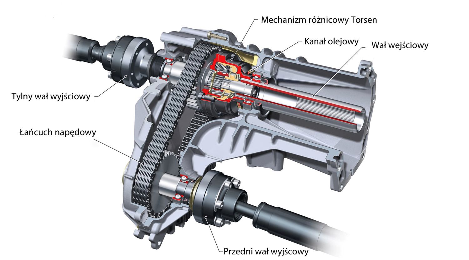 Schemat budowy skrzyni rozdzielczej z mechanizmem różnicowym, ale bez przełożenia redukcyjnego