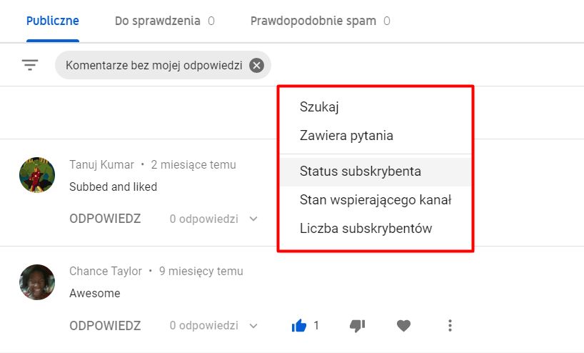 Nowe filtry komentarzy w YouTube Studio.