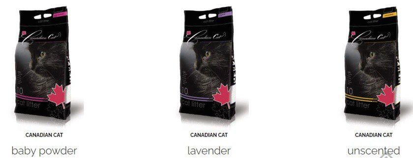 Żwirek Canadian Cat dostępny jest w wersjach baby powder, lavender oraz unscented.