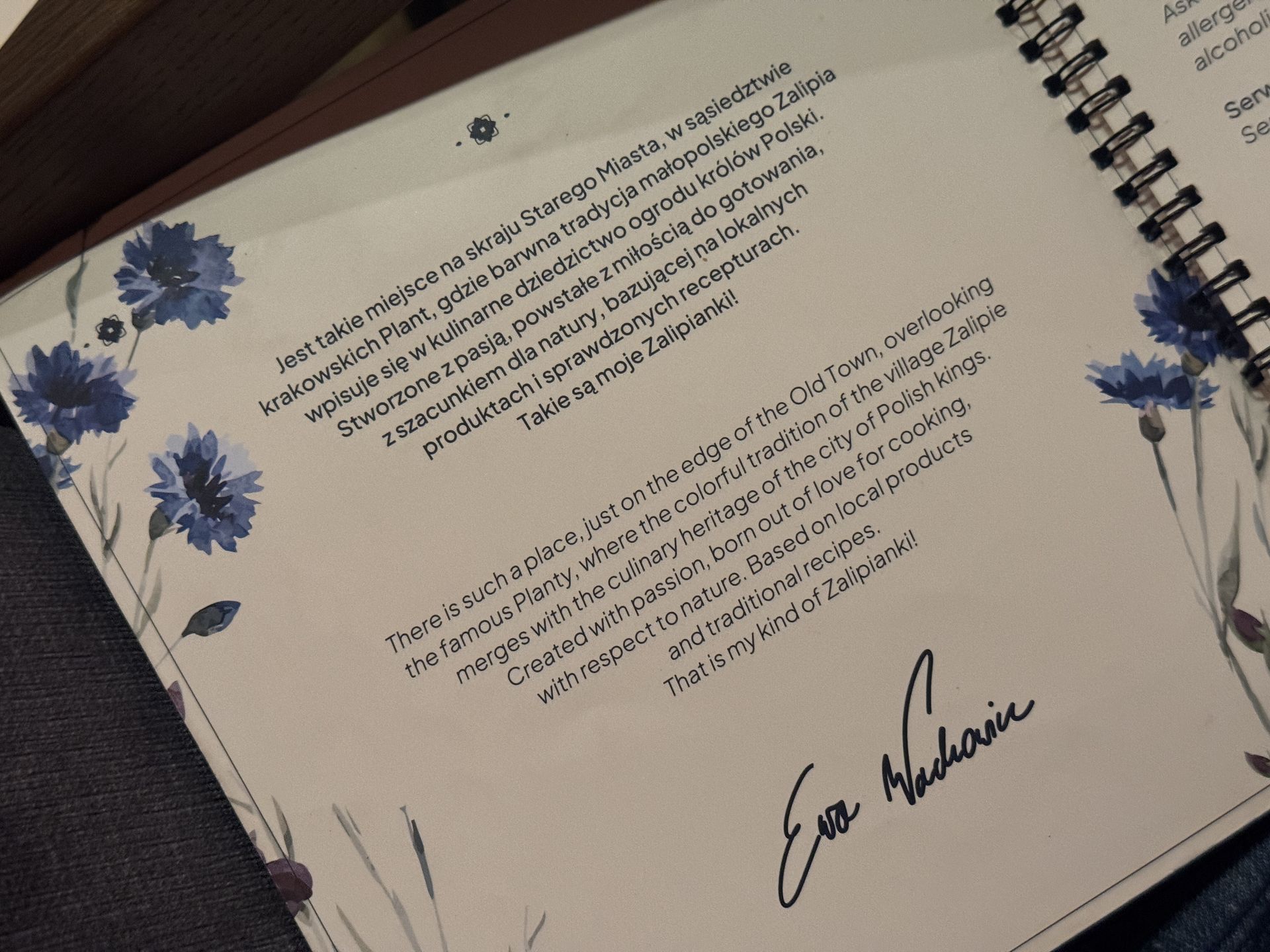 Na początku menu jest kilka słów od Ewy Wachowicz