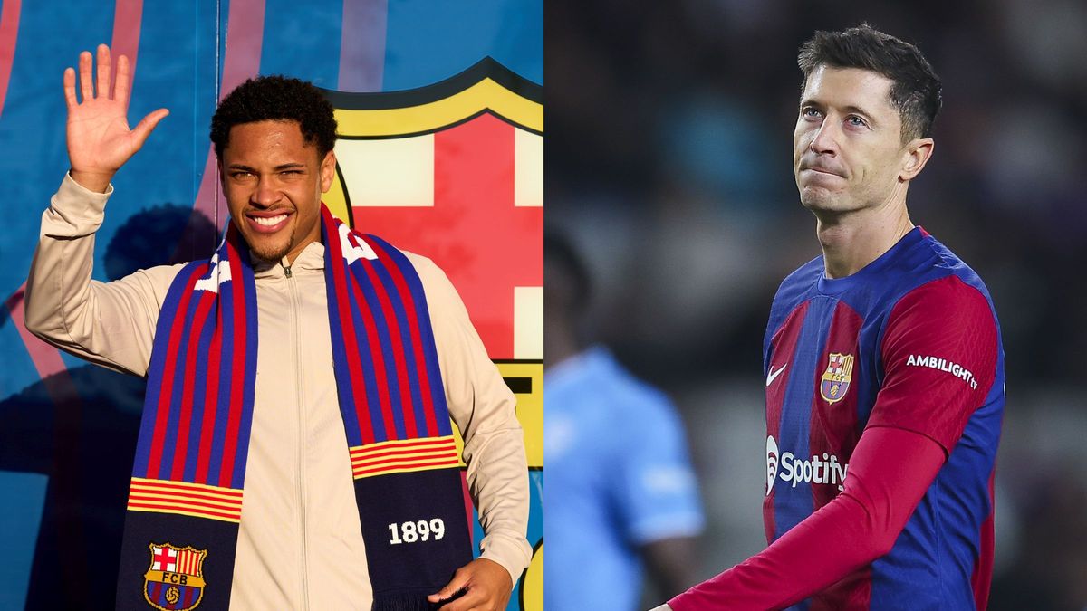 Getty Images / Na zdjęciu: Vitor Roque (z lewej) i Robert Lewandowski (z prawej)