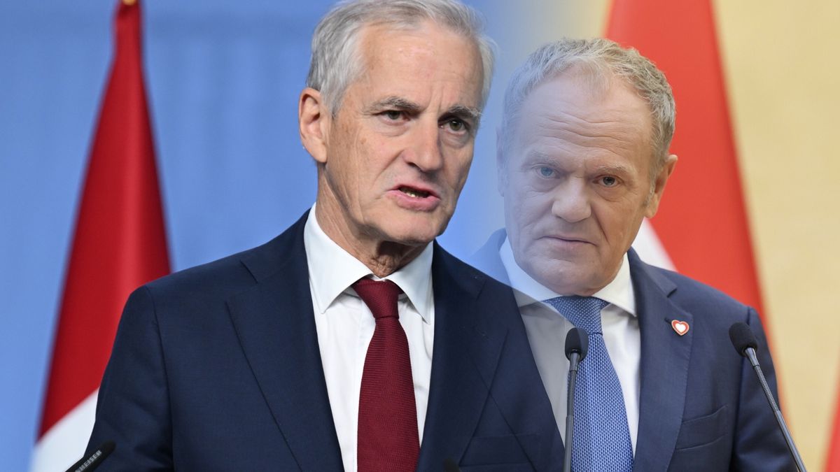 Premier Norwegii Jonas Gahr Stoere w tle premier Donald Tusk