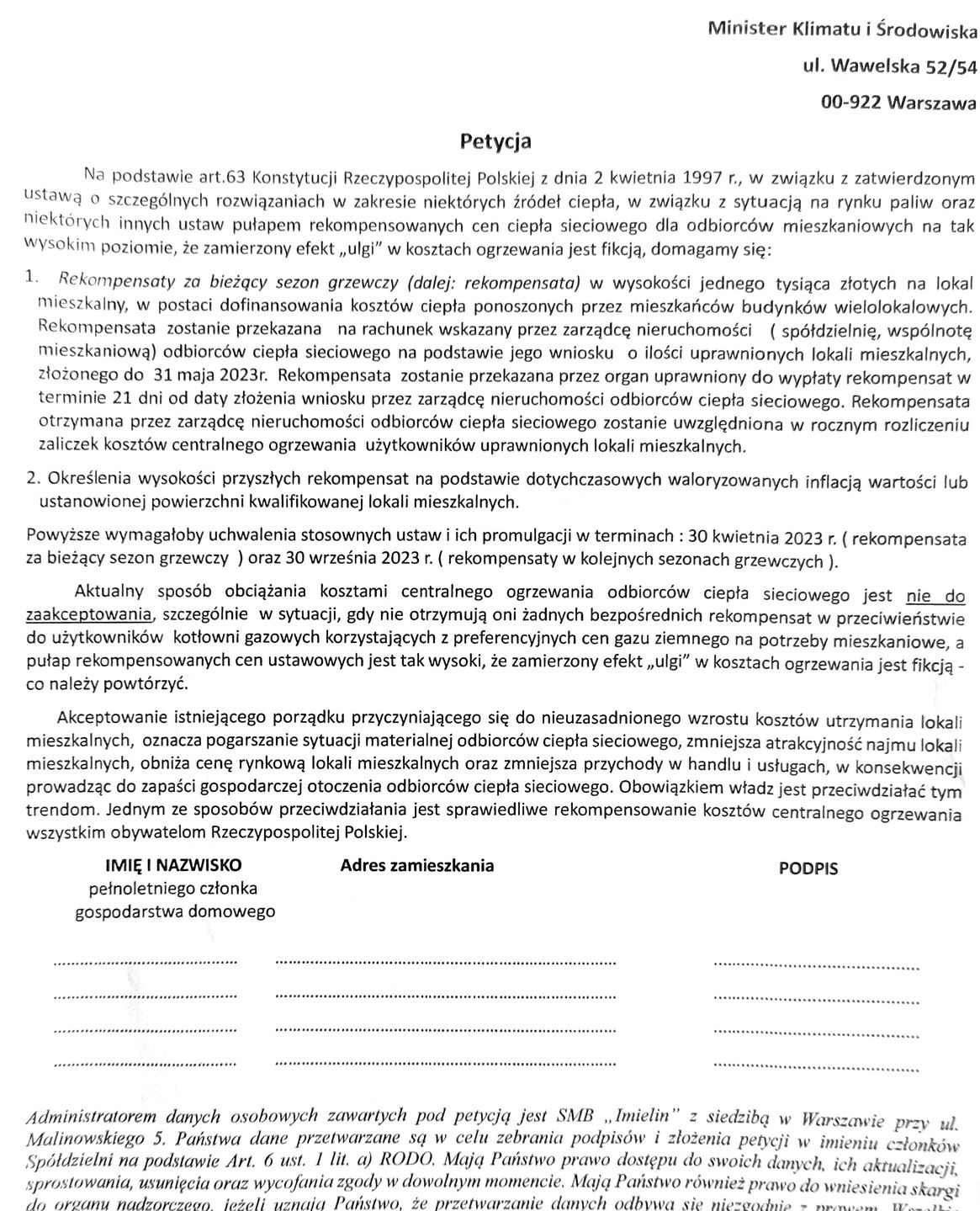 Treść petycji skierowanej do Ministerstwa Klimatu i Środowiska