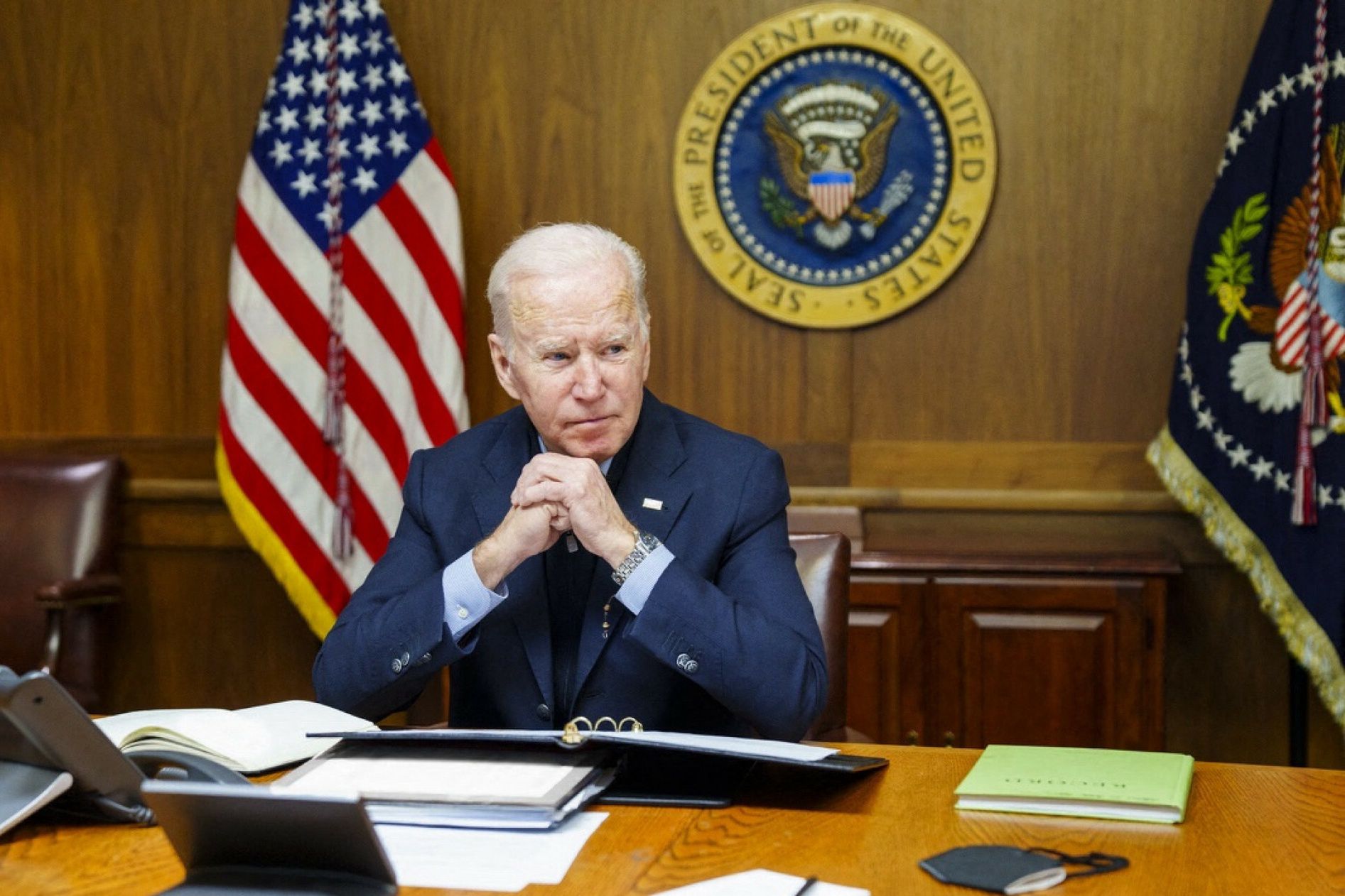 TemporaryIn this image released by the White House, US President Joe Biden speaks with Russian President Vladimir Putin from the presidential retreat in Camp David, Maryland, on February 12, 2022. - President  Biden warned President Putin in the phone call that the US "will respond decisively and impose swift and severe costs on Russia" should it invade Ukraine. According to a readout from the White House, Biden stressed that "while the United States remains prepared to engage in diplomacy, in full coordination with our Allies and partners, we are equally prepared for other scenarios." (Photo by WHITE HOUSE / AFP) / RESTRICTED TO EDITORIAL USE - MANDATORY CREDIT "AFP PHOTO / The White House"  - NO MARKETING NO ADVERTISING CAMPAIGNS - DISTRIBUTED AS A SERVICE TO CLIENTS-