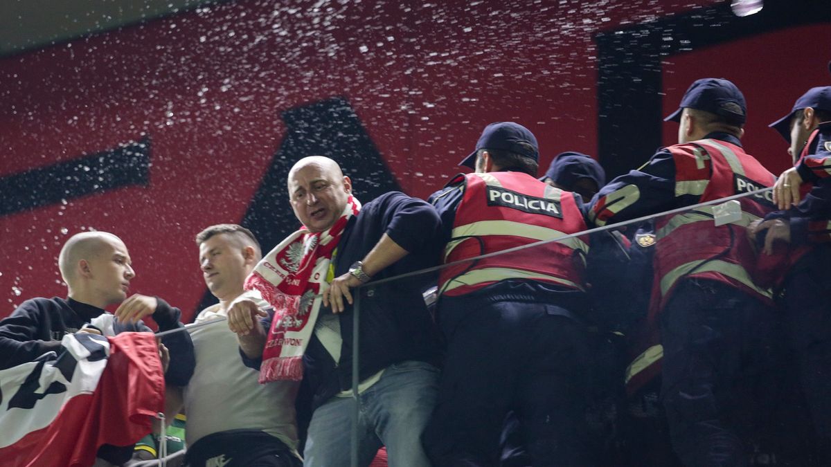 interwencja policji na trybunach stadionu w Tiranie