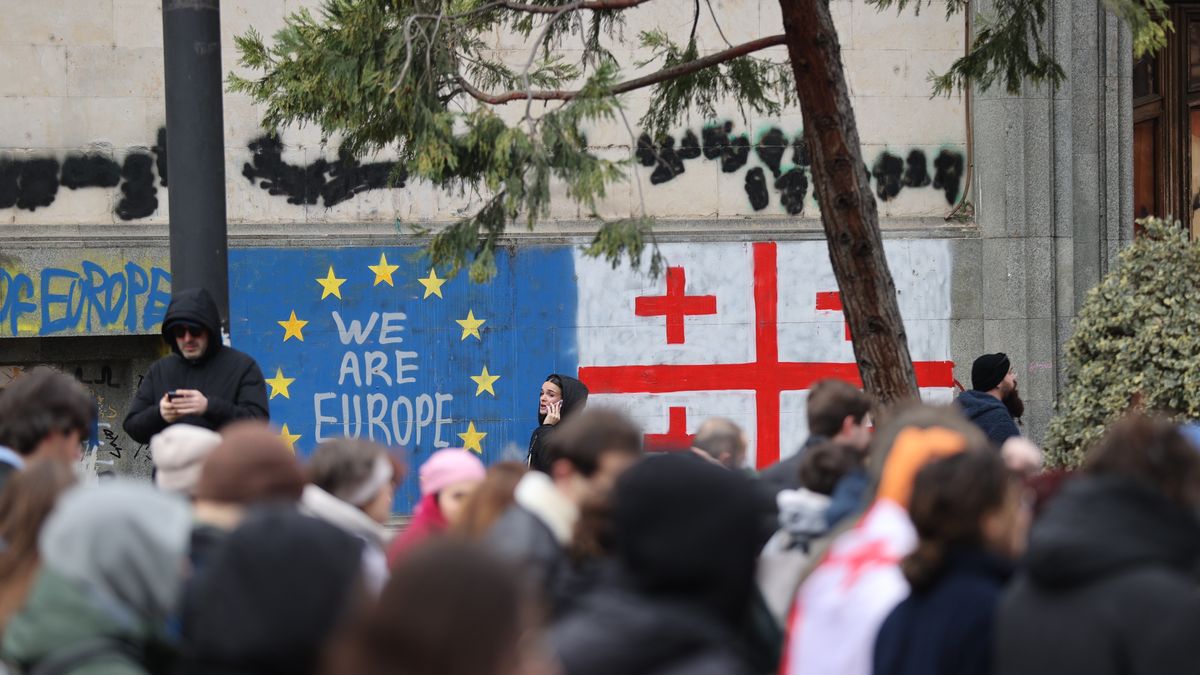TBILISI, GEORGIA - DECEMBER 13: Private sector workers march as they protest against the suspension of the country's accession negotiations to the European Union (EU) for 4 years in Tbilisi, Georgia on December 13, 2024. (Photo by Davit Kachkachishvili/Anadolu via Getty Images)
