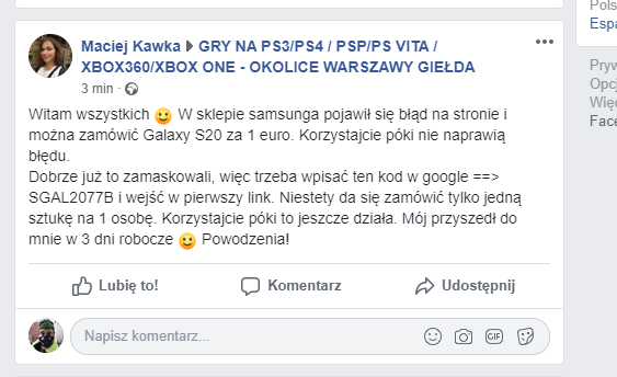 Zachęta do skorzystania ze spreparowanej promocji na Facebooku, źródło: Niebezpiecznik.