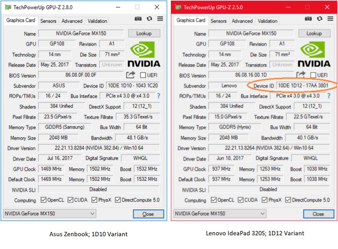 Dwa warianty MX150 w GPU-Z (źródło:Tom's Hardware UK)