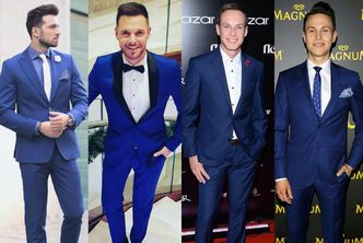 Eleganckie niebieskie garnitury w stylizacjach celebrytów