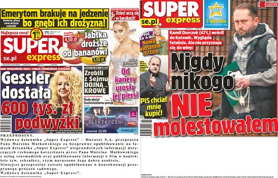 „Super Express” jeszcze raz przeprasza Marcina Matkowskiego, bo poprzednie przeprosiny były zakryte i małą czcionką