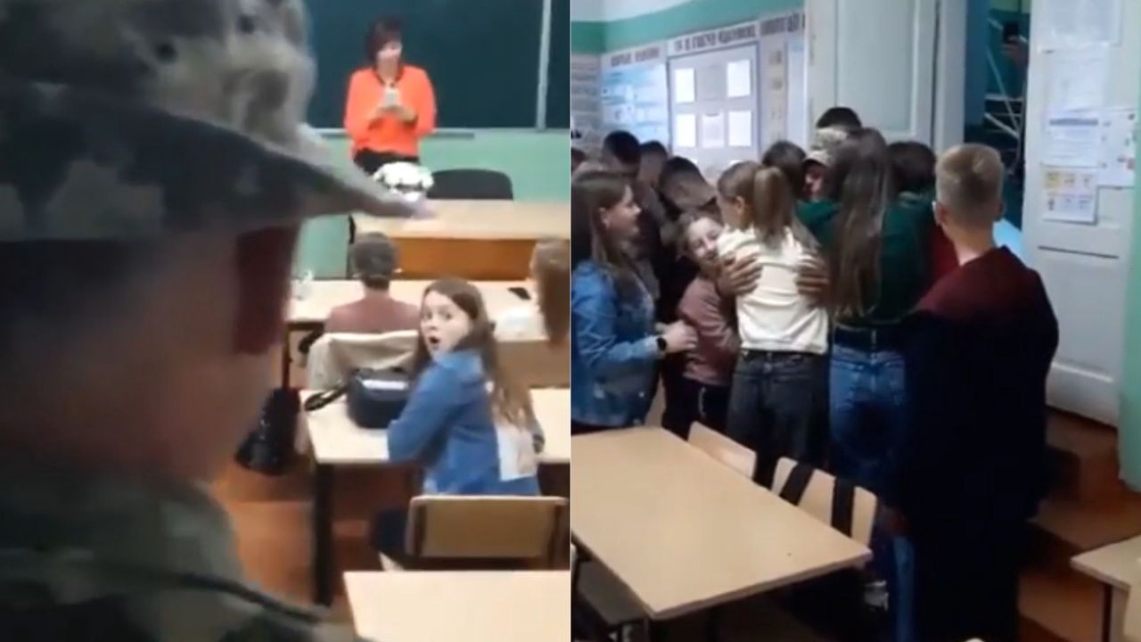 Nagranie z ukraińskiej szkoły wyciska łzy. Witają nauczyciela, który wrócił z frontu