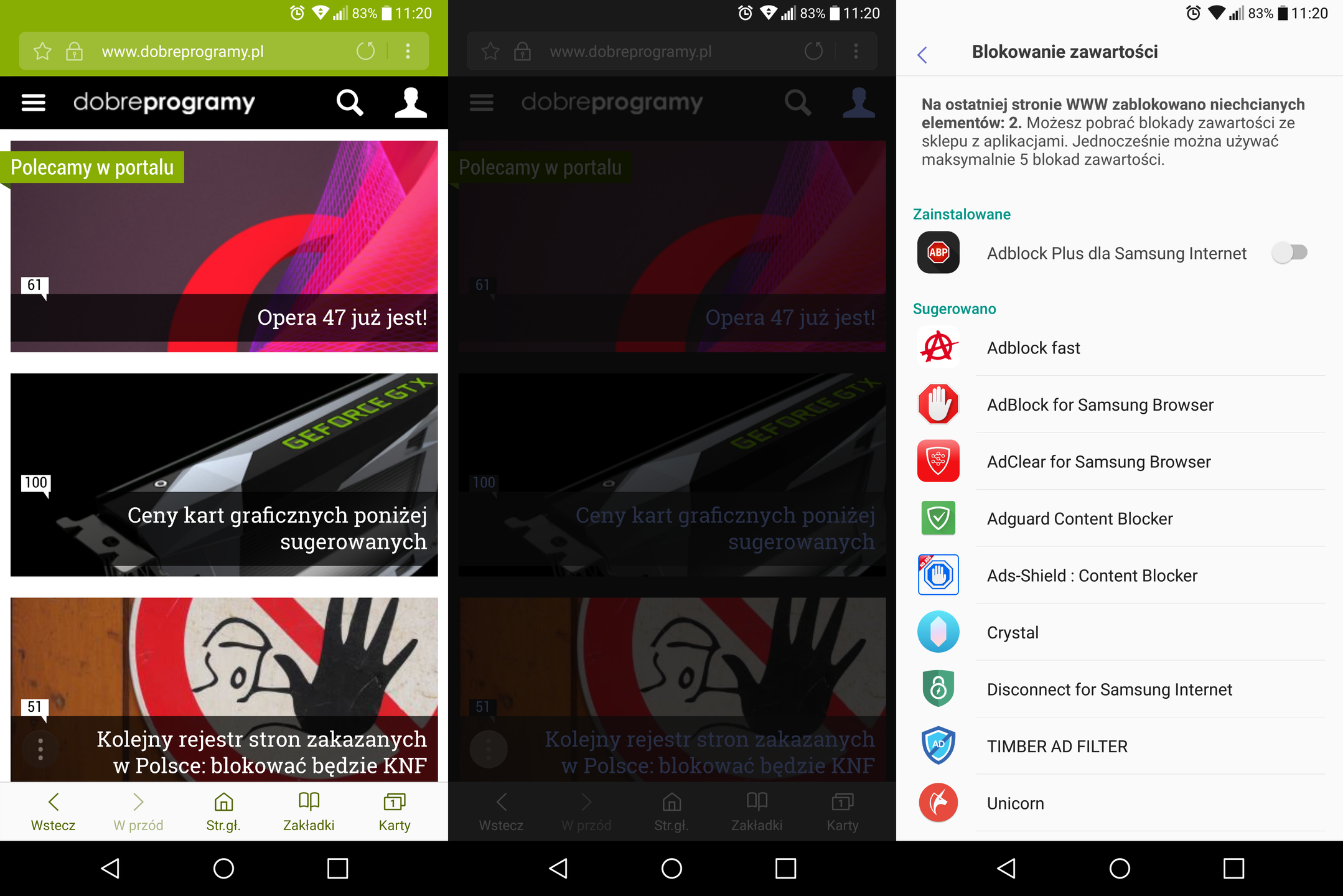 Strona główna dobrychprogramów, tryb nocny, ustawienia blokowania zawartości