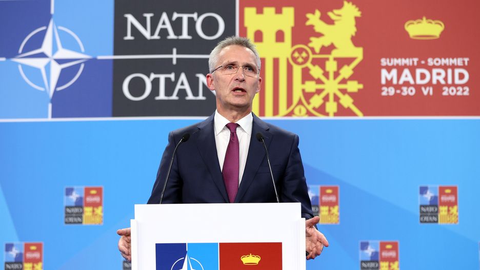 MADRID, SPAIN - JUNE 28: NATO Secretary-General Jens Stoltenberg speaks during a press conference after Turkiye, Finland, and Sweden signed a memorandum on the Nordic countriesâ NATO bids following four-way talks in Madrid, Spain on June 28, 2022. (Photo by Dursun Aydemir/Anadolu Agency via Getty Images)