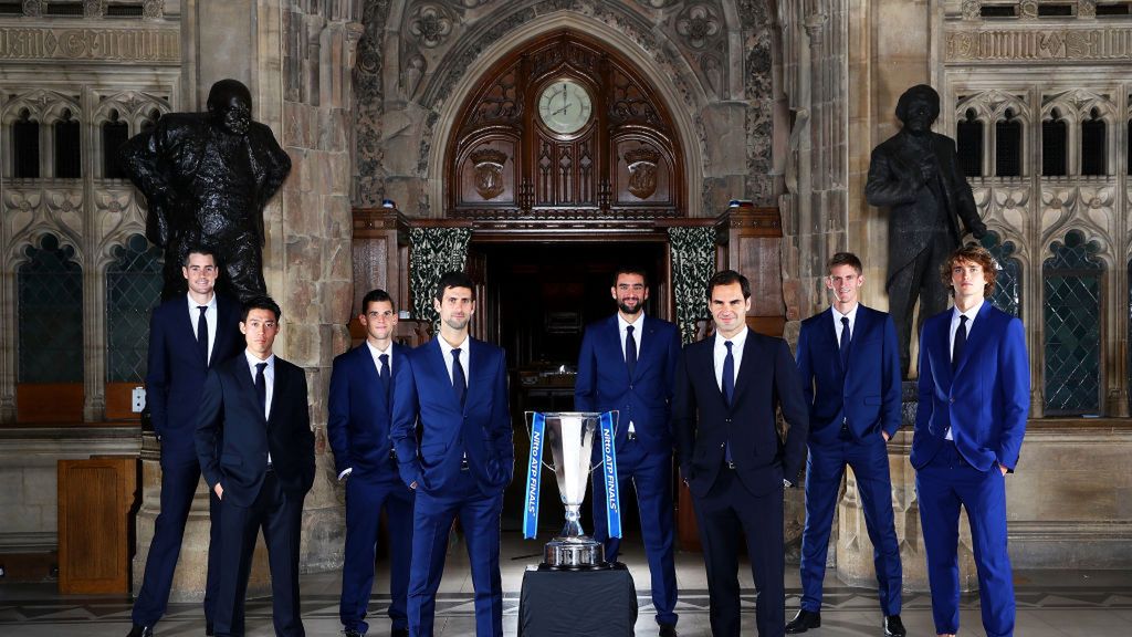 od lewej John Isner, Kei Nishikori, Dominic Thiem, Novak Djoković, Marin Cilić, Roger Federer, Kevin Anderson i Alexander Zverev