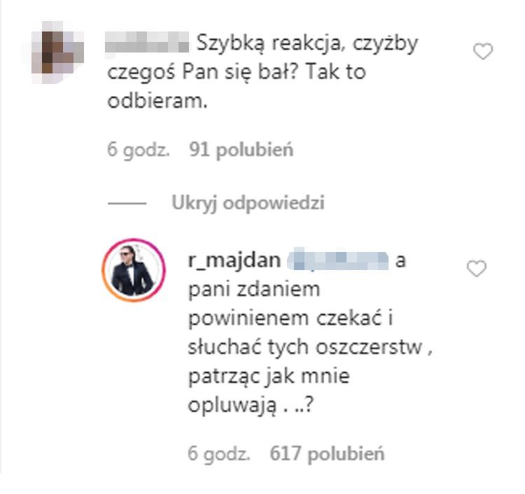 Komentarze pod postem Radosława Majdana na Instagramie