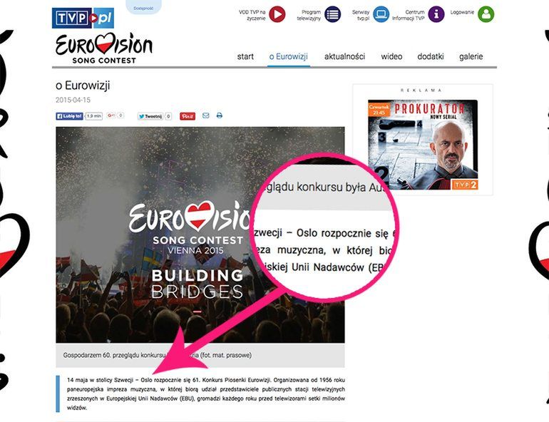 Artykuł z wpadką TVP informującą, że Eurowizja 2016 odbędzie się w Oslo