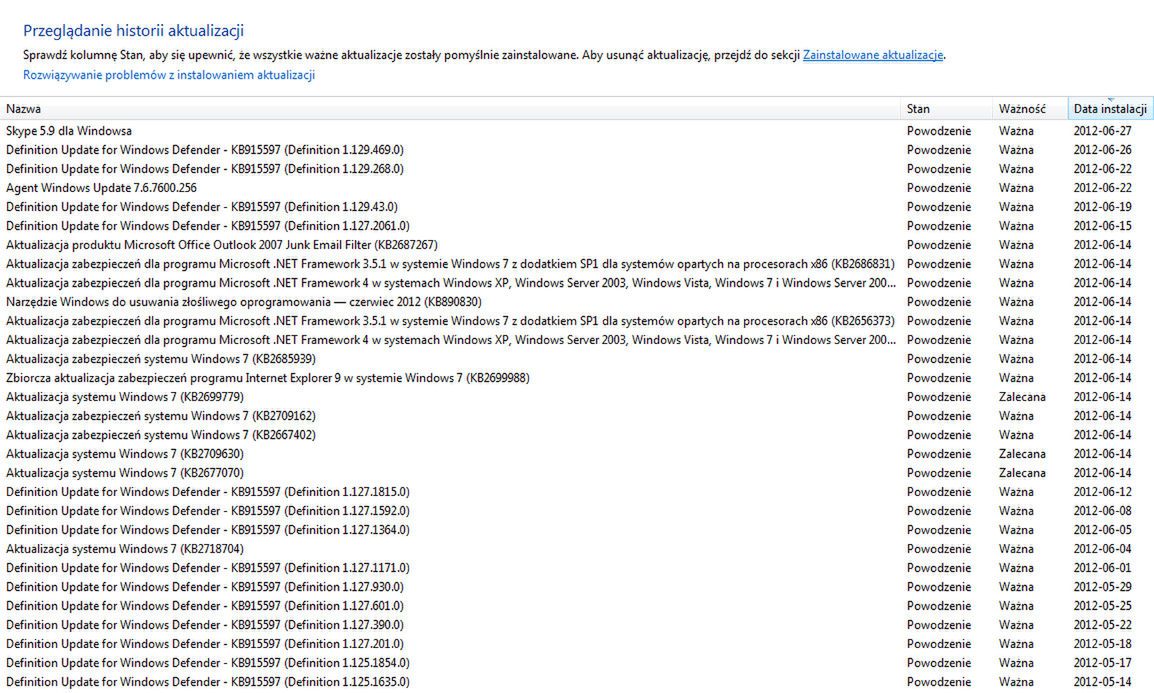 Zainstalowane aktualizacje