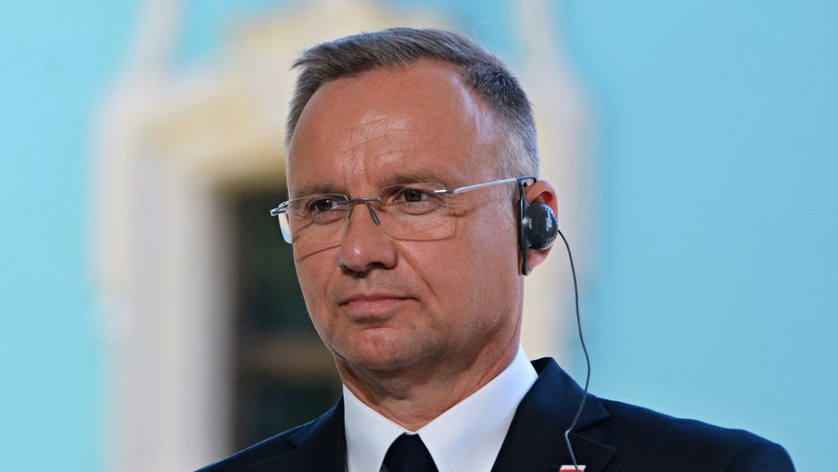 KYIV, UKRAINE - 2024/08/24: President of Poland, Andrzej Duda attends a joint briefing on the 33rd anniversary of the independence of Ukraine. On August 24, Ukraine celebrates its 1991 declaration of independence from the Union of Soviet Socialist Republics (USSR). For security reasons, no large mass events were held in Kyiv on this day, except some solemn activities. (Photo by Aleksandr Gusev/SOPA Images/LightRocket via Getty Images)