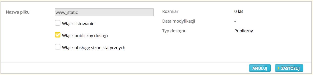 Rys. 2. Przykład tworzenia nowego kontenera OCS dla aplikacji WWW. Włącz listowanie - umożliwienie przeglądania całej zawartości kontenera. Włącz publiczny dostęp - dostęp do obiektów w kontenerze bez uwierzytelniania. Włącz obsługę stron statycznych - umożliwia wykorzystanie OCS-a do serwowania całych stron statycznych (proste strony HTML).