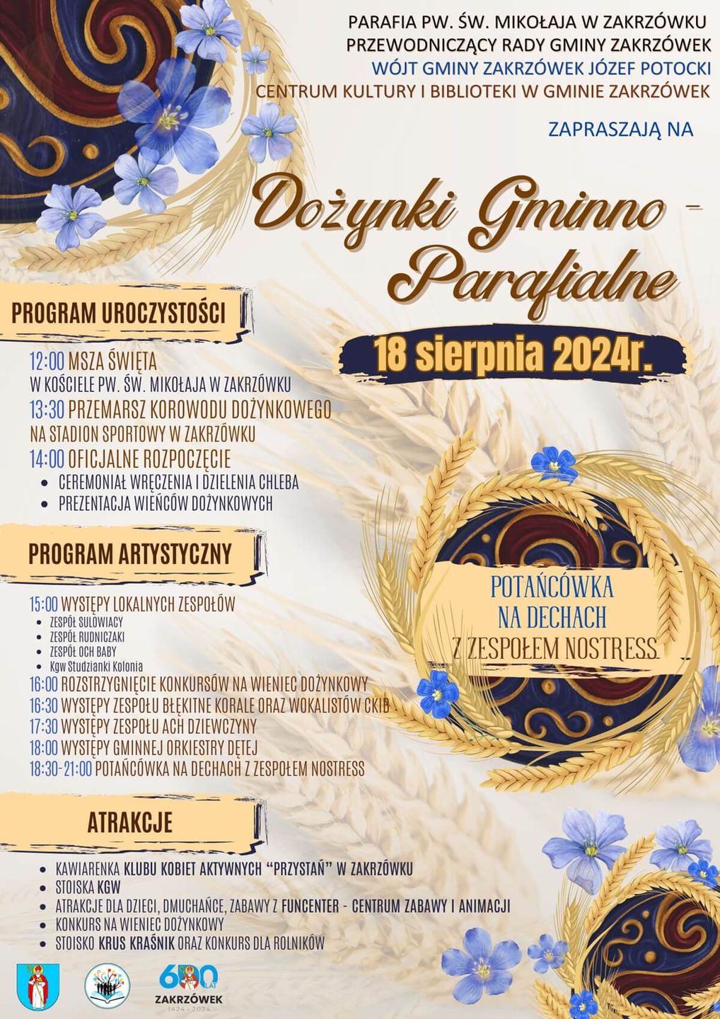Dożynki w Zakrzówku 2024 - plakat, program wydarzenia