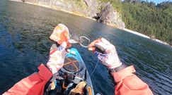 Ogromny halibut złapany przez wędkarza na kajaku na Alasce
